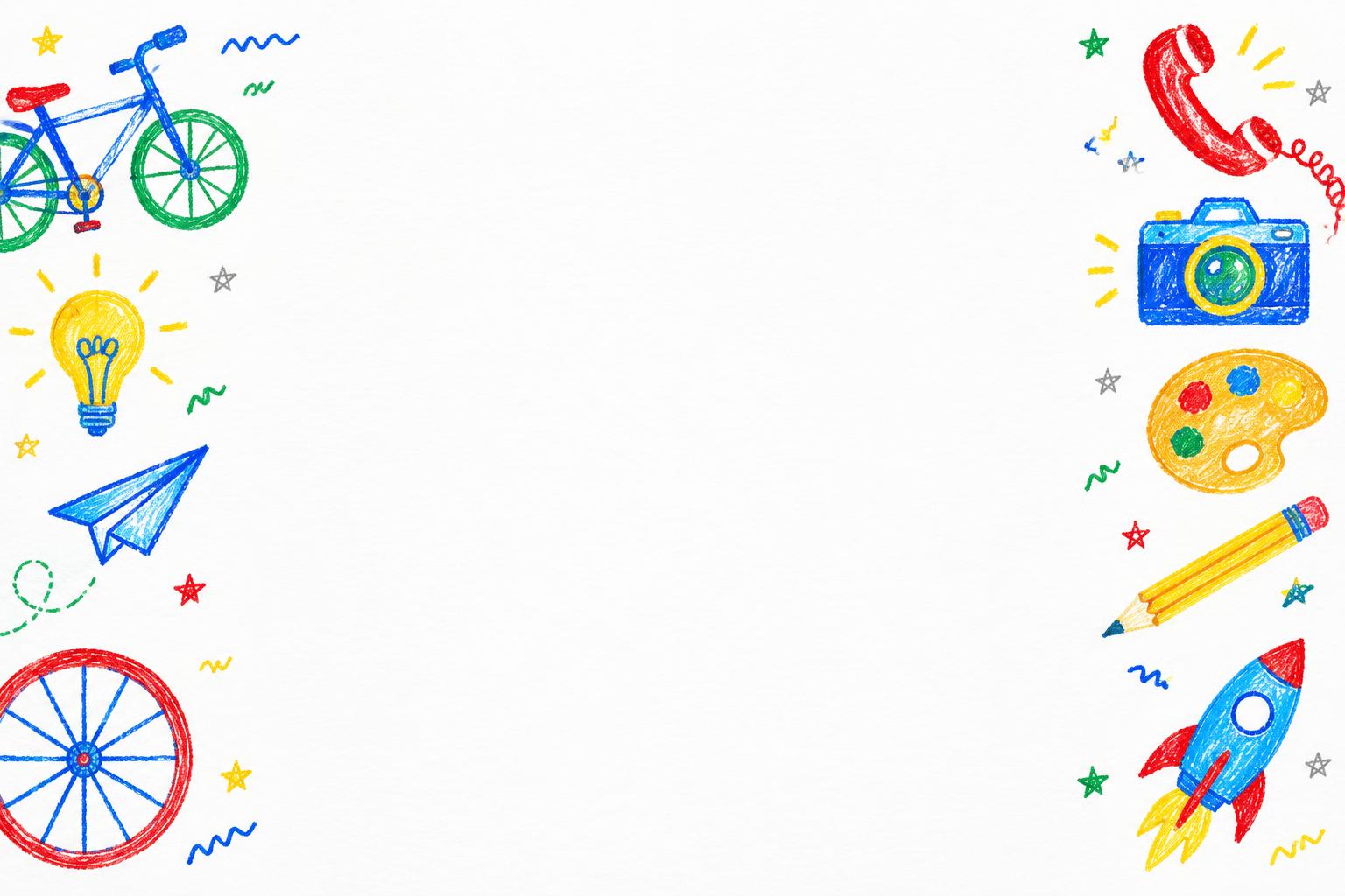 Crayon drawings of inventions, a bicycle, a light bulb, a camera and a rocket